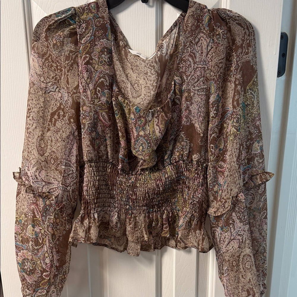 Amaryllis Sheer Paisley Blouse in Brown and Cream